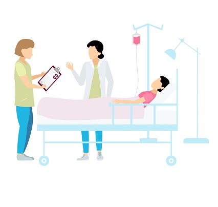 Medical clinic. The nurse writes down the doctor's recommendations near the bedridden patient. Doctors and nurses. Medical illustration, vector.