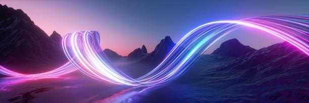 istock 3d render. Surreal fantasy landscape under the sunset sky. Abstract panoramic background. Rocky mountains and glowing neon lines in motion. Floating energy concept 2149512572