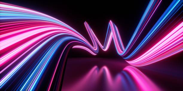 istock 3d render. Abstract panoramic background of wavy dynamic neon lines glowing in the dark room with floor reflection. Virtual fluorescent ribbon zigzag. Fantastic minimalist wallpaper 2149512584