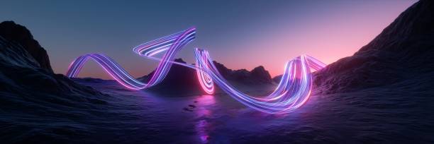 istock 3d render. Surreal fantasy landscape under the sunset sky. Abstract panoramic background. Rocky mountains and glowing neon dynamic lines in motion. Flowing energy concept 2149512624