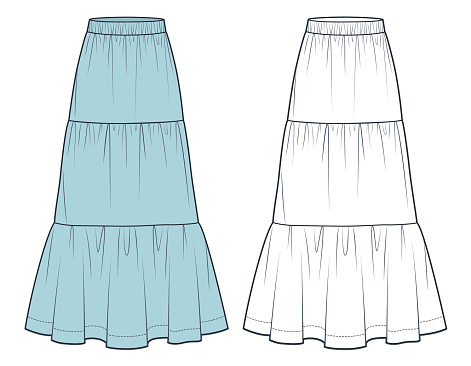 Template Rok Ilustrasi Mode Teknis Rok Maxi Berjenjang Boho Skirt Fashion Flat ...
