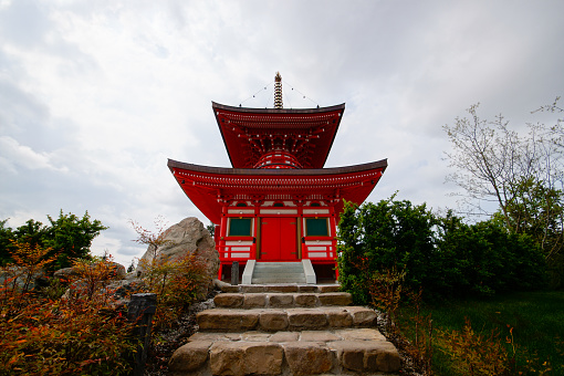 Tahoto Pagoda in the Japanese garden of the public landscape park of Krasnodar or Galician Park. Krasnodar, Russia . April 20, 2024.