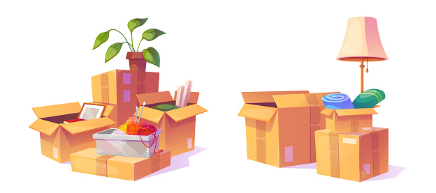 Packed cardboard boxes isolated on white background. Vector cartoon illustration of carton packages with home stuff, flower pot and lamp, handmade accessories, house moving, parcel delivery service