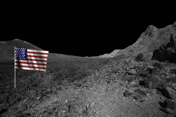 istock USA flag on empty planet landscape, dark lunar background 2149517537