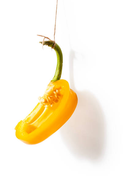 Cross section of yellow pepper hanging on a jute string, \npepper seed nest. Yellow pepper has a very beneficial effect on our eyesight. It contains a lot of lutein and zeaxanthin, which are important for the proper functioning of eyesight. Both of these compounds can neutralize free radicals in the retina. Yellow peppers are also a good s