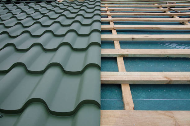 istock Corrugated metal roof tile closeup 2149521988