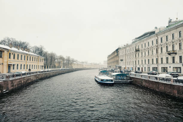 Hermitage Bridge Canal at night Saint Petersburg Russia.  Frozen Canal and Xmas lights. Russian Xmas 2022