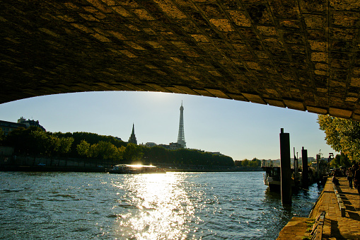 View of the Eiffel Tower from the Seine, with a view of a bridge in panoramic view.
