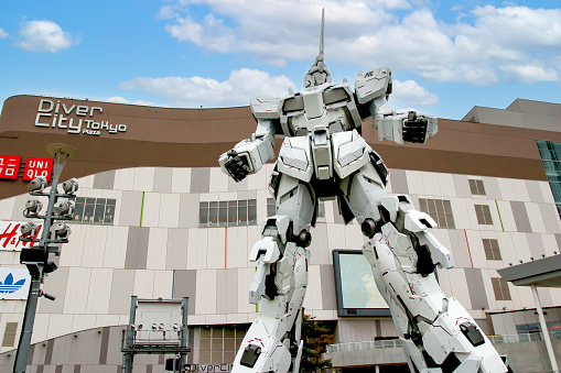 Tokyo Japan - April 5, 2024: Huge Gundam Statue at DiverCity Tokyo Plaza in Odaiba