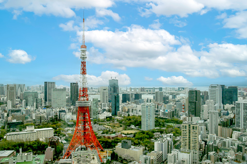 Tokyo Japan - April 8, 2024: Tokyo Tower among the skyscapers