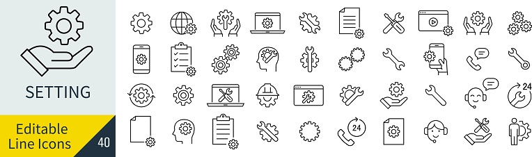 Vector Settings Line Art Icon Set with Editable Lines (Not Outlined)