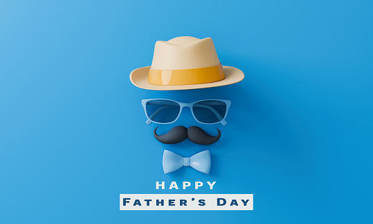 A blue background with a white font that says Happy Father's Day Sale. There are several items on the background, including a hat, a tie, a pair of sunglasses, and a heart
