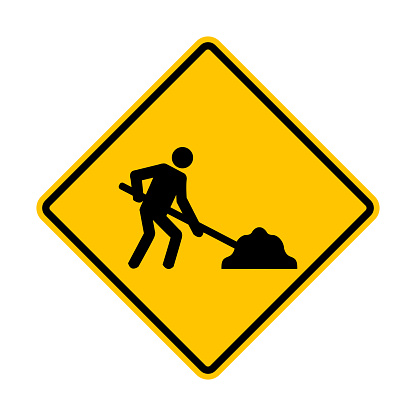 Road works sign. Attention, road works are underway. Warning yellow diamond sign. Diamond road sign. Rhomb road sign.