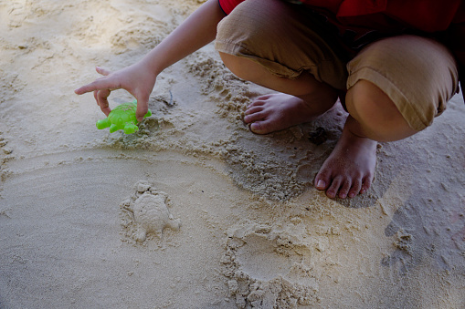 Kid playing with sand and turtle plastic mold on the shore of the beach