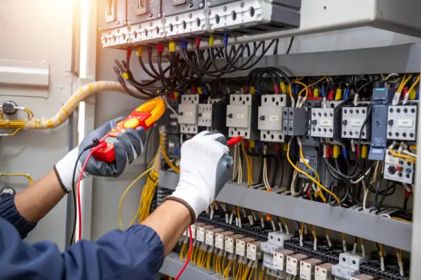 Photo of Electrician measurements with multimeter testing current electric in control panel.