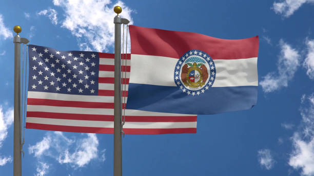 istock American Flag with Missouri State Flag on a Pole, 3D Render 2149528538