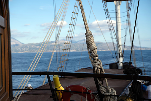 Front deck of a sailing ship with ropes