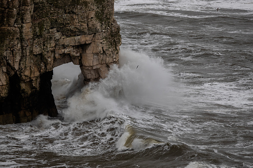 Sea waves smash the arch of the cliff face at on a windy day at Bempton Cliffs in East Yorkshire, Bempton, United Kingdom