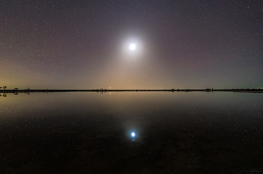 the moon setting down above the mirror-reflecting lake, conform a pyramid shape
