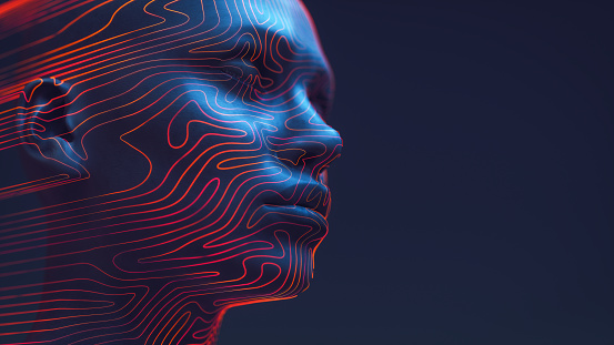 3D rendered digital human head outlined with neon contour lines that resemble a fingerprint's unique swirls, against a deep blue background.\nConcept of digital identity and security, blending the human element with the precision of technology.