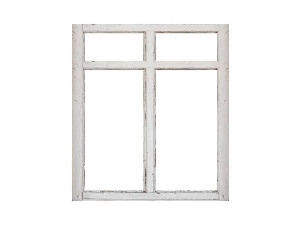 istock Old white wooden window frame with four sashes isolated on white background. 2149531148