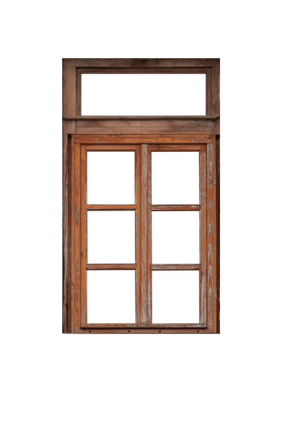 istock Old dark brown wooden vintage window frame isolated on white background. 2149531193