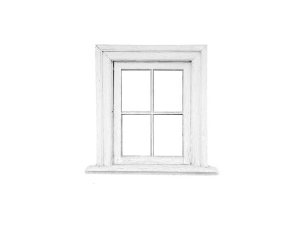 Old white wooden window frame with four sashes isolated on white background.