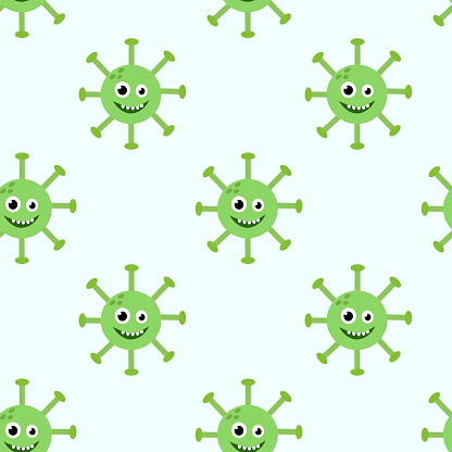 Seamless Pattern with Cute cartoon character virus. Microbiology organism funny face wallpaper. Mascots expressing emotion background. Vector children illustration in flat design.