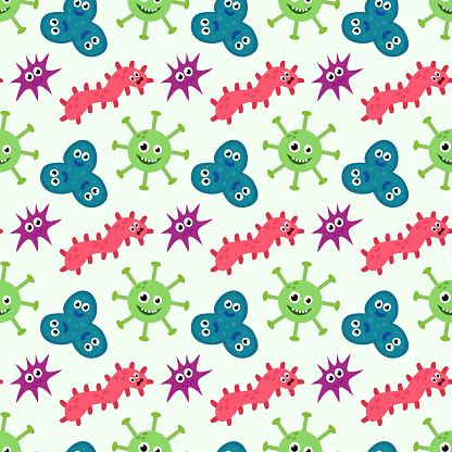 Seamless Pattern with Cute cartoon characters virus, bacteria, microbe. Microbiology organisms funny face wallpaper. Mascot expressing emotion background. Vector children illustration in flat design.