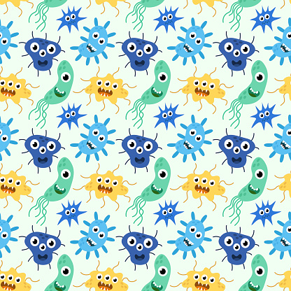 Seamless Pattern with Cute cartoon characters virus, bacteria, microbe. Microbiology organisms funny face wallpaper. Mascot expressing emotion background. Vector children illustration in flat design.