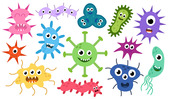Cute cartoon characters virus, bacteria, microbe, germs set. Microbiology organism of different types of colorful and shapes. Mascots expressing emotions. Vector children illustration in flat design.