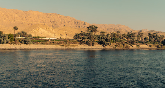 Nile valley natural landscape view from water on river bank