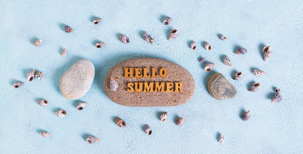 istock Concept hello summer text on stone surrounded by seashells on blue background top view web banner 2149534225