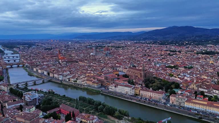 Hyperlapse Aerial Footage of Firenze, Florence at Night, Italy, Europe
