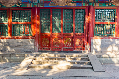 Chinese architecture with a red background