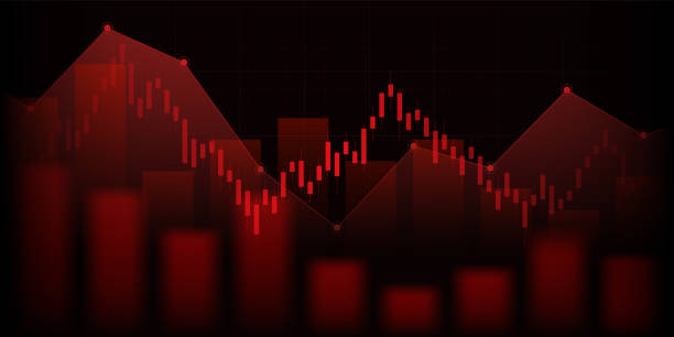 istock Widescreen abstract financial chart with downtrend line graph in stock market in red colour background 2149535273