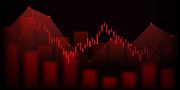 Widescreen abstract financial chart with downtrend line graph in stock market in red colour background