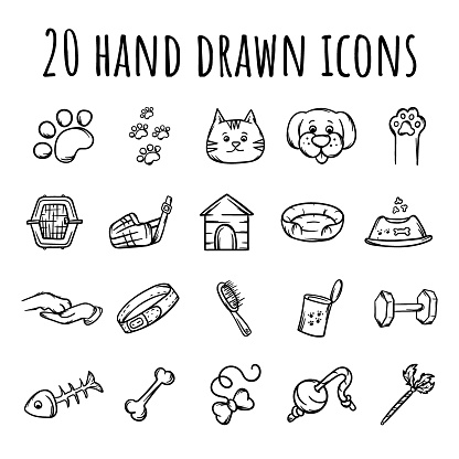 Vector set of hand drawn icons related to animals, veterinary services, toys, nutrition and care.