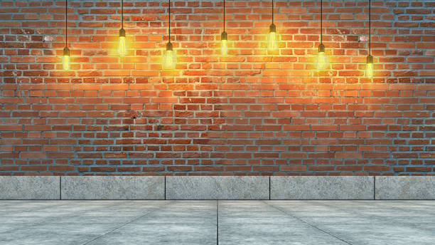 istock Brick wall background with lamps and concrete tiles floor. 3d rendering 2149541028