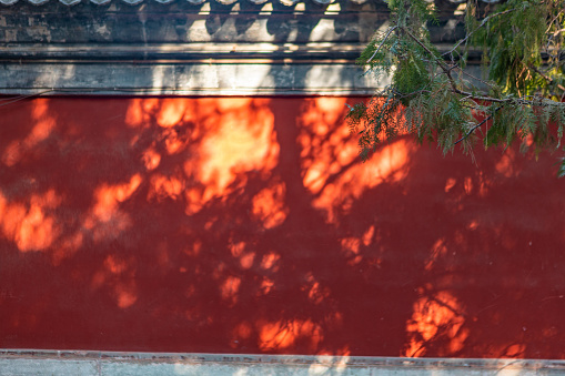 Traditional chinese style window frame abstract pattern silhouette at ancient china garden with sunlight