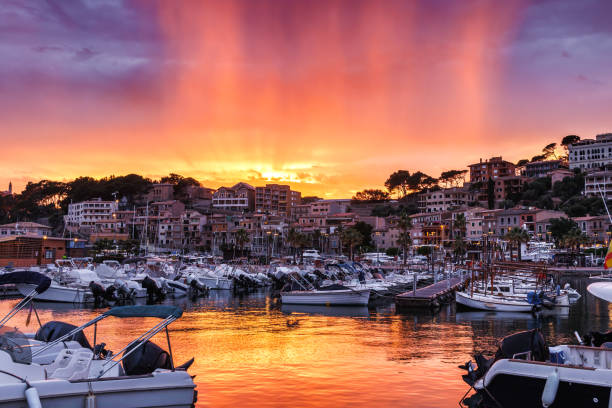 istock Port de Soller at sunset. Beautiful twilight shining at rainy clouds 2149541485