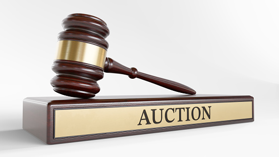 Auction: wooden Gavel Hammer and Stand with text word.