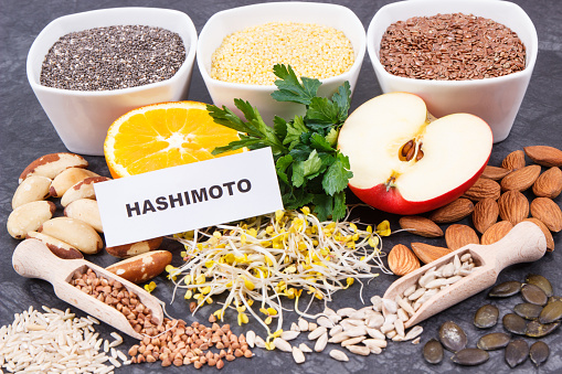 Inscription hashimoto with nutritious natural products and ingredients containing vitamins for healthy thyroid