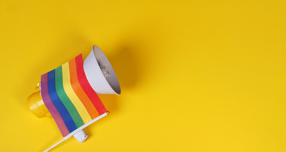 Rainbow pride flag and megaphone  on yellow background.