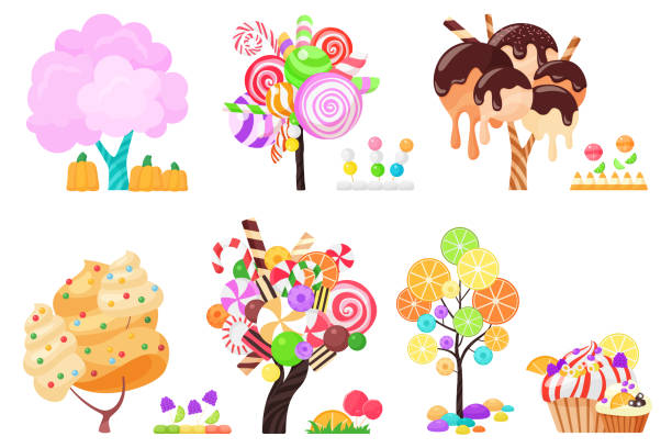 Candy trees set, fairy plants of magic confectionery land with cream swirls and chocolate Candy trees set. Fairy plants of magic confectionery land with whipped cream swirls and chocolate glaze, lollipop and marshmallow, candied fruit slices and cupcake cartoon vector illustration marshmallow chocolate stock illustrations