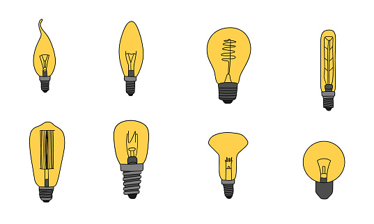 Collection of incandescent lamps different type doodle style. Hand drawn vector art.