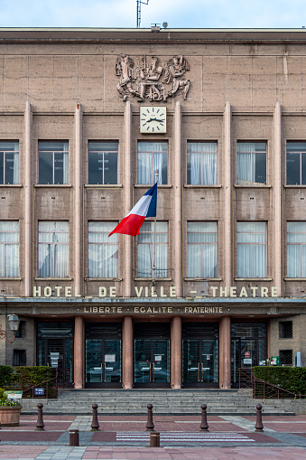Poissy, France - April 21, 2024: Facade of the city hall and theater of Poissy, France. Poissy is a town of the French department of Yvelines, in the Ile-de-France region, northwest of Paris