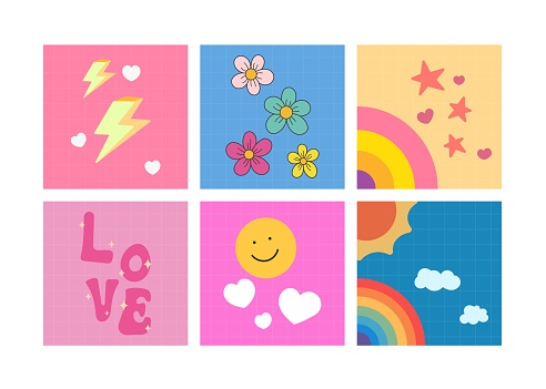 six template background 90's minimalist style abstract sticker illustration