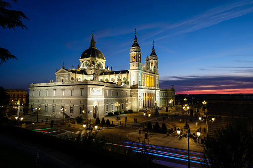 Almudena Cathedral sunset night view Madrid Spain