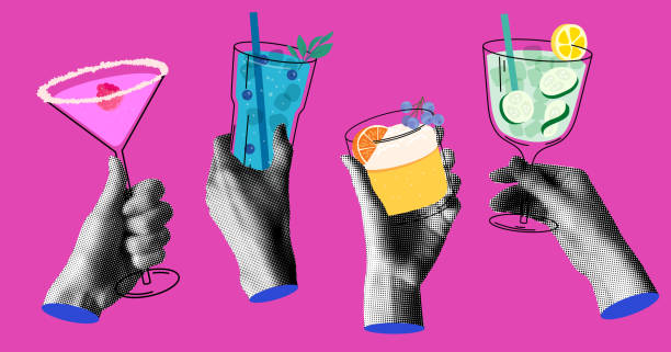 Hands holding summer cocktails Group of people drink summer cocktails. Halftone hands holding alcoholic and non-alcoholic drinks. People celebrate event together. Modern collage. Newspaper elements popart hand stock illustrations